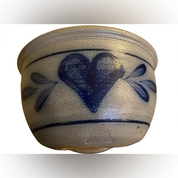 The Rowe Pottery Bowl from 1987 Blue Heart Salt Glaze Cambridge WI Vintage 9” - Picture 5 of 12